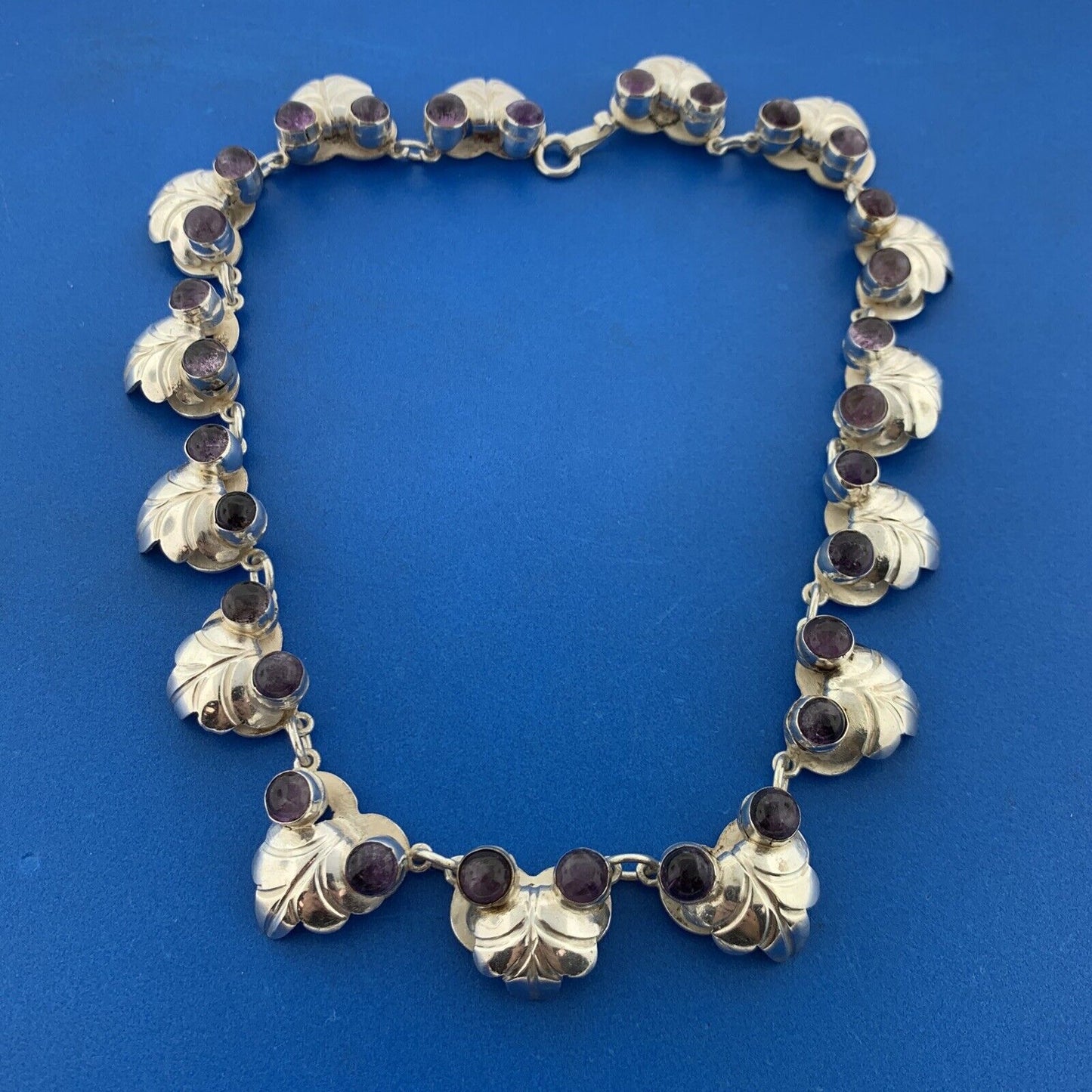 Mid Century 925 Sterling Silver Amethyst Grape Vine Statement Collar Necklace