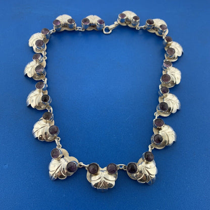 Mid Century 925 Sterling Silver Amethyst Grape Vine Statement Collar Necklace