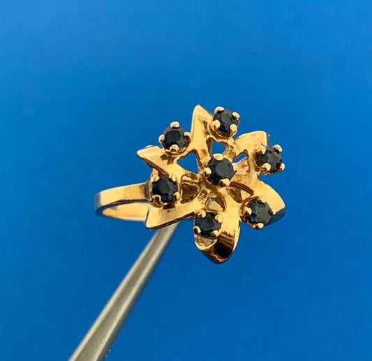 Vintage 14K Yellow Gold London Blue Topaz Starburst December Anniversary Ring