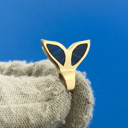 Designer AJM 14k Yellow Gold Blue Black Opal Aquatic Dolphin Tail Charm Pendant