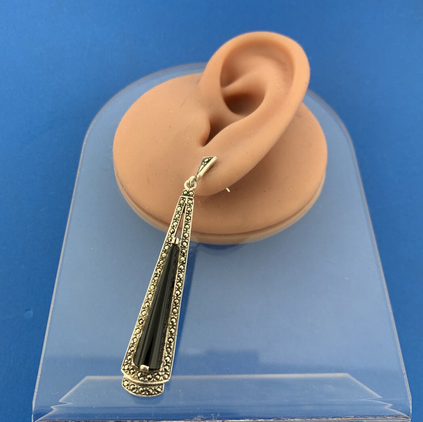 Lovely Sterling Silver 925 Cabochon Black Onyx Marcasite Accent Dangle Earrings