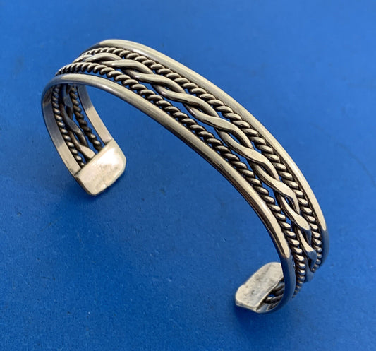 Vintage 925 Sterling Silver Ribbed Braided Rope Open Cuff Bracelet