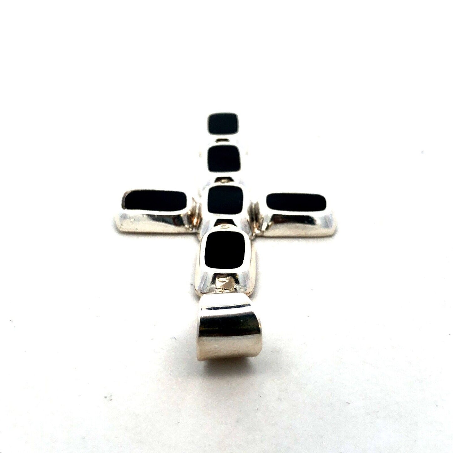 Vintage 925 Sterling Silver Rectangle Black Onyx Bezel Cross Pendant