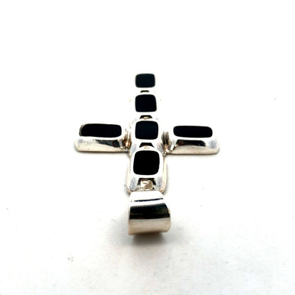 Vintage 925 Sterling Silver Rectangle Black Onyx Bezel Cross Pendant