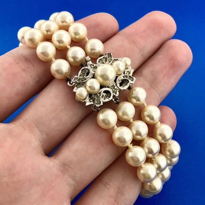 Vintage Silver Tone Hand Knotted Faux Pearl Rhinestone 3 Row Tennis Bracelet