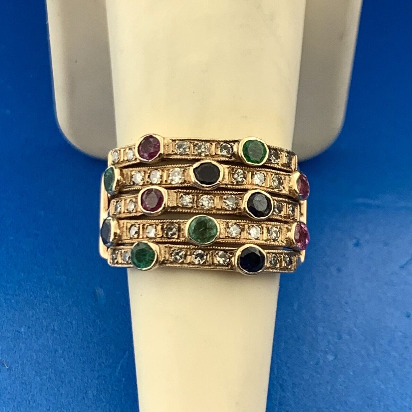 Retro 14K Yellow Gold Diamond Sapphire Ruby Emerald Anniversary Wide Harem Ring