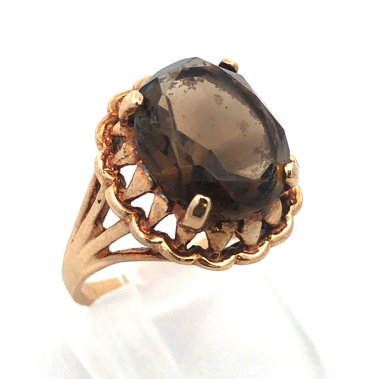 Vintage 10K Yellow Gold Oval Smoky Topaz Statement Cocktail Ring