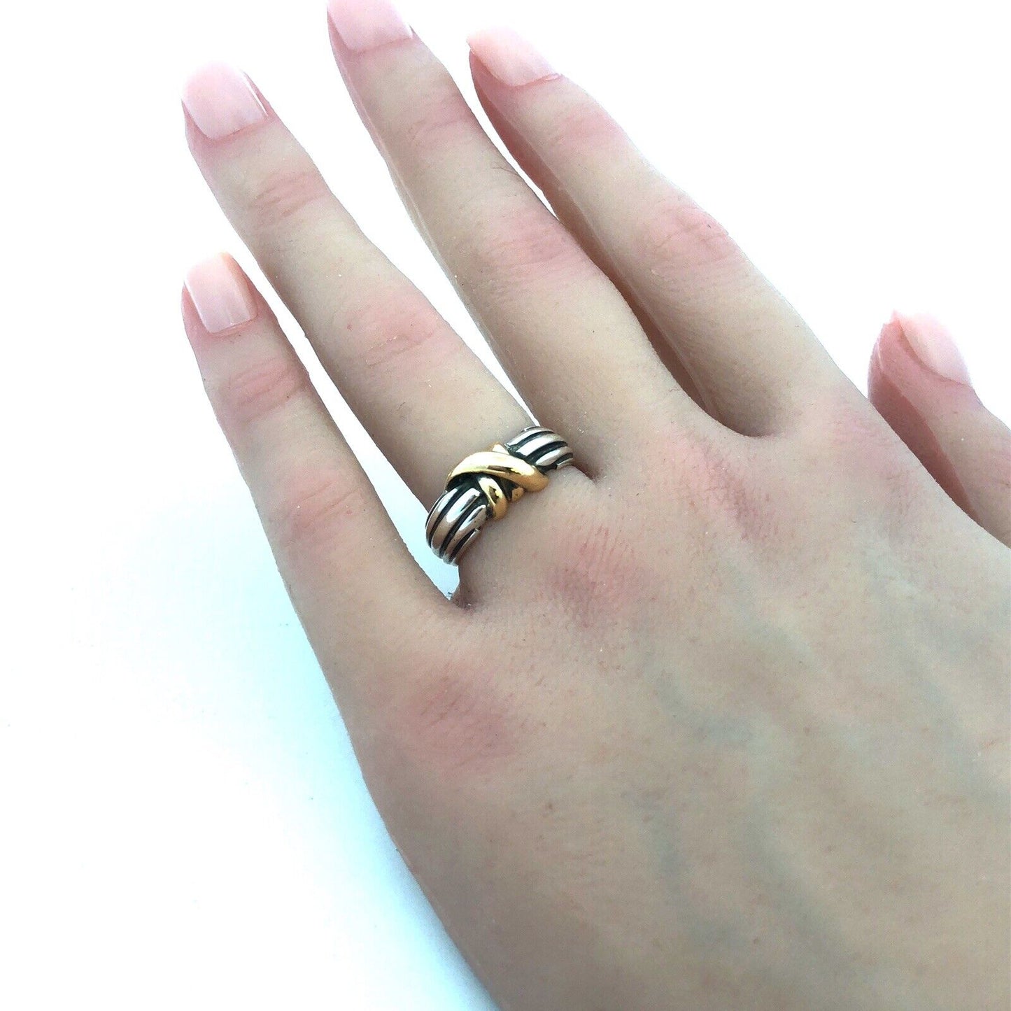 Designer Italy 925 Sterling Silver 18K Yellow Gold Two Tone Knot Twist Band Ring