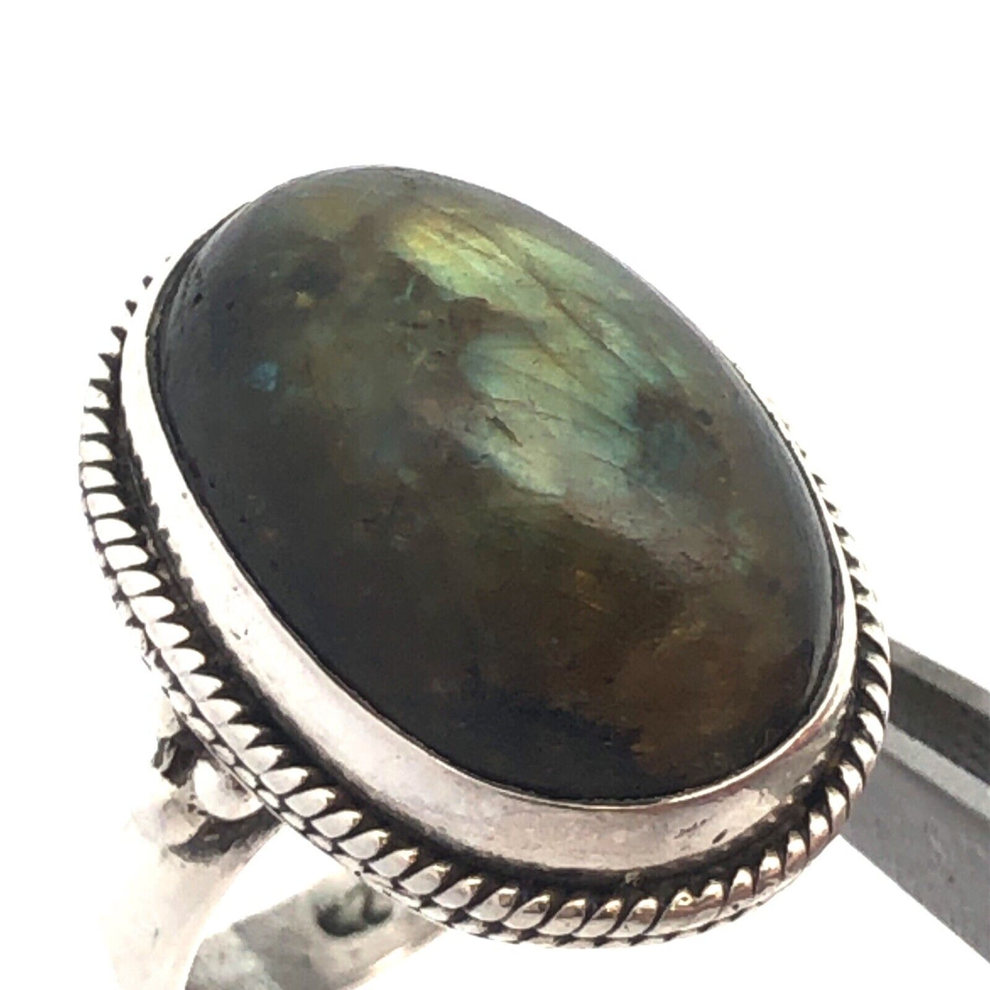 Vintage 925 Sterling Silver Oval Green Labradorite Cabochon Statement Ring