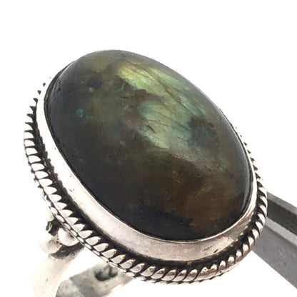 Vintage 925 Sterling Silver Oval Green Labradorite Cabochon Statement Ring