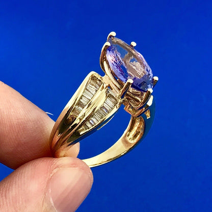 Designer 14K Yellow Gold Tanzanite Marquise Solitaire Diamond Accent Ring