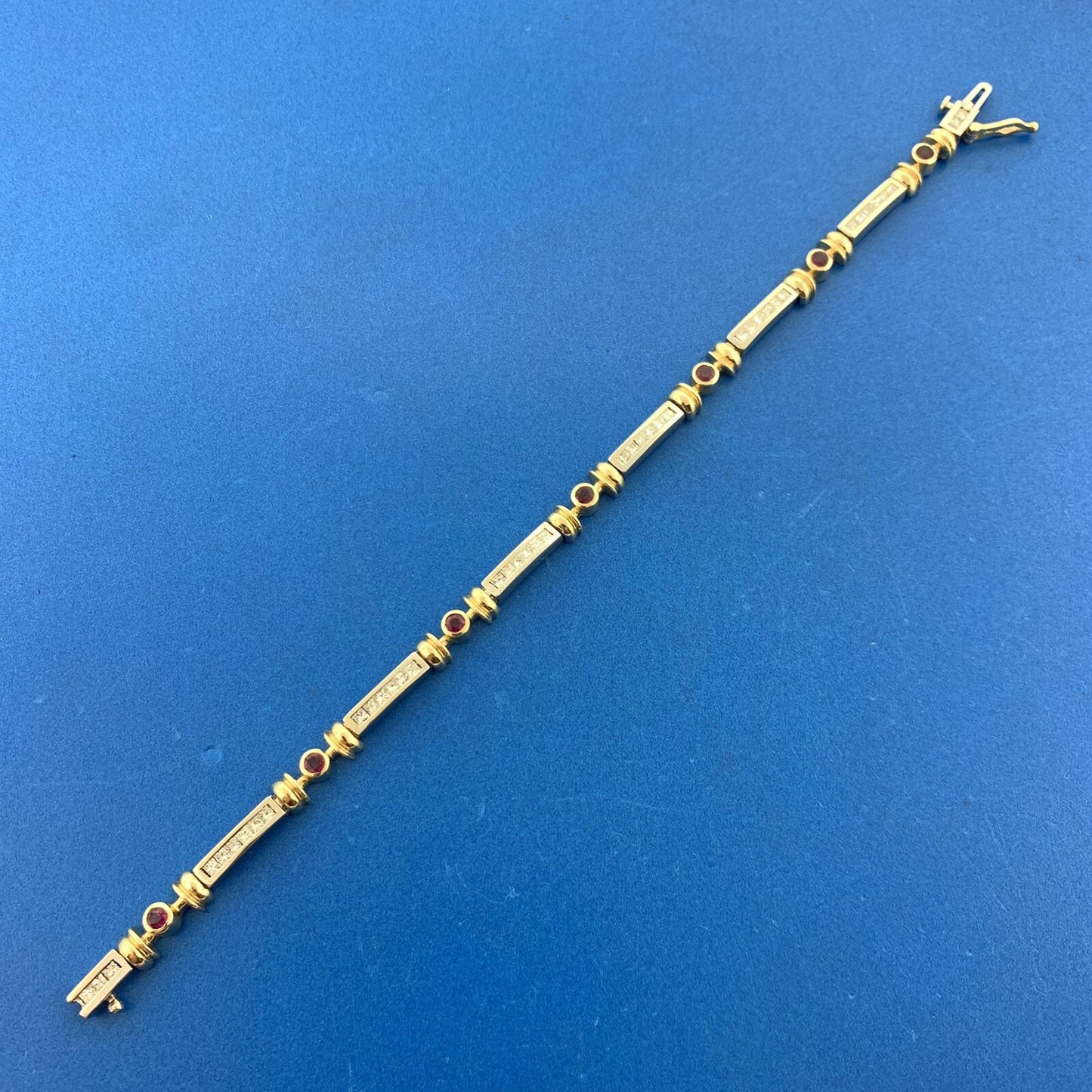 14K White Yellow Gold Diamond Ruby Station Two Toned Statement Tennis Bracelet