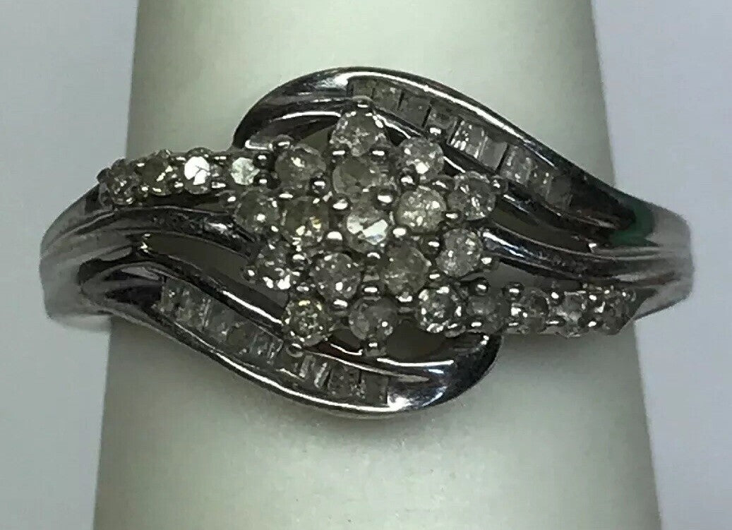 Sterling Silver 925 Diamond Waterfall Cluster Engagement Bridal Ring