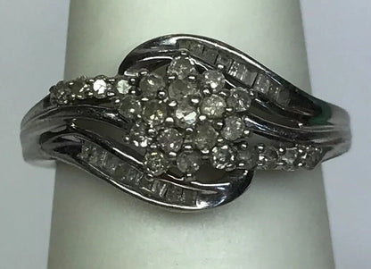 Sterling Silver 925 Diamond Waterfall Cluster Engagement Bridal Ring