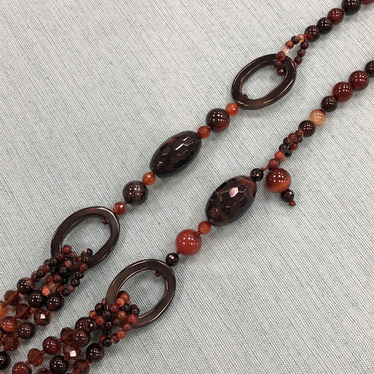 Vintage Designer Hand Knotted Carnelian Obsidian Agate Beaded 3 Tier Necklace