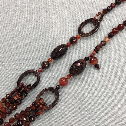 Vintage Designer Hand Knotted Carnelian Obsidian Agate Beaded 3 Tier Necklace