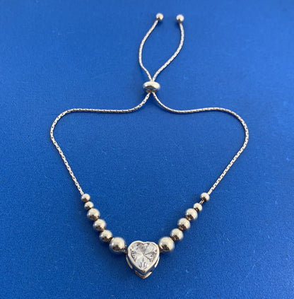 Cubic Zirconia Heart Charm 925 Sterling Silver Beaded Adjustable Bracelet