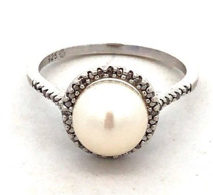 Designer 925 Sterling Silver Round Pearl Diamond Halo June Anniversary Ring