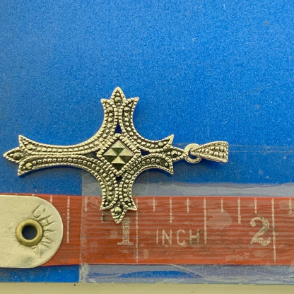 Designer 925 Sterling Silver Marcasite Beaded Detail Gothic Cross Large Pendant