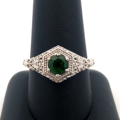 Designer BBJ 925 Sterling Silver Round Green Tourmaline Filigree Solitaire Ring