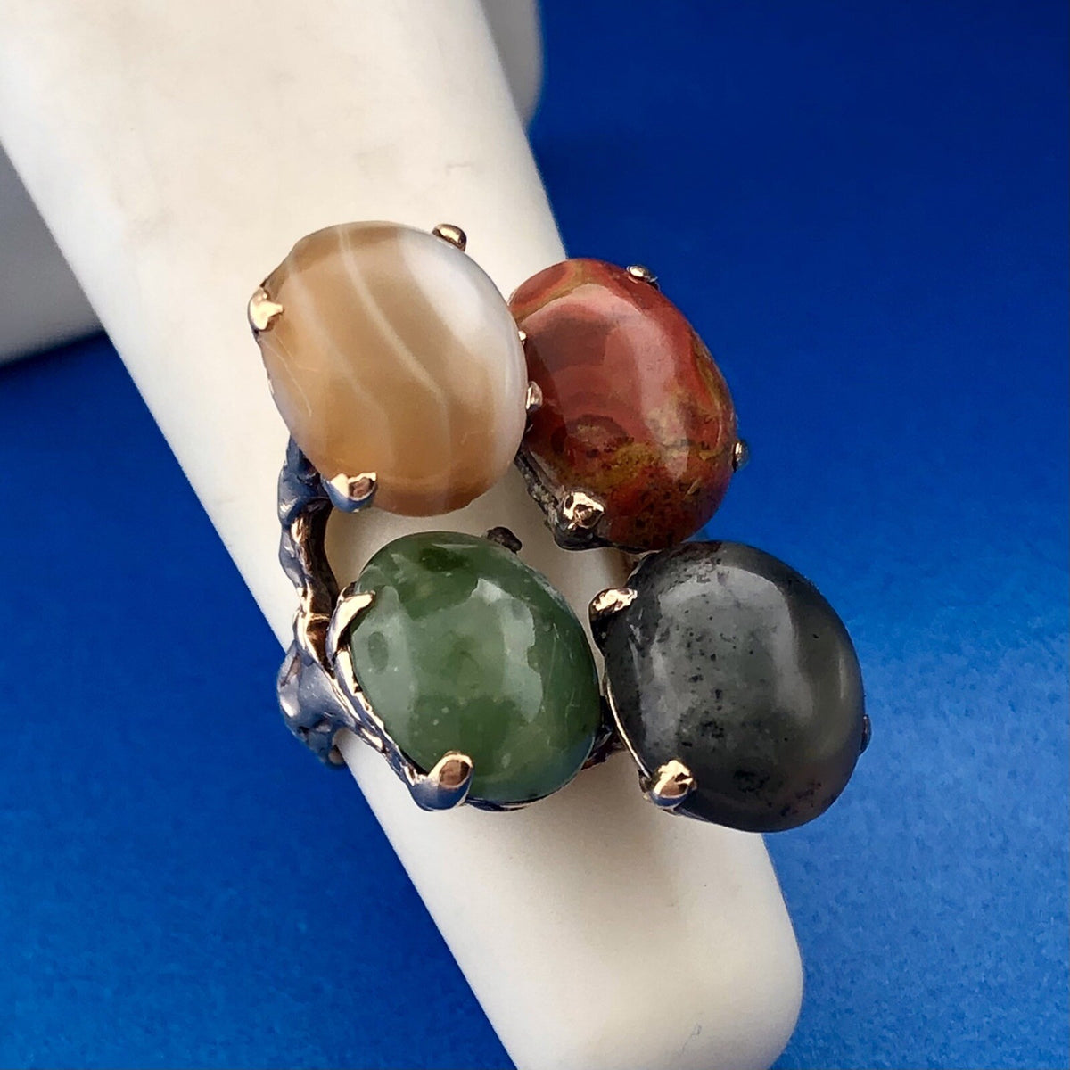 Retro Custom 14K Yellow Gold Jade Agate Jasper Protection Strength Courage Ring