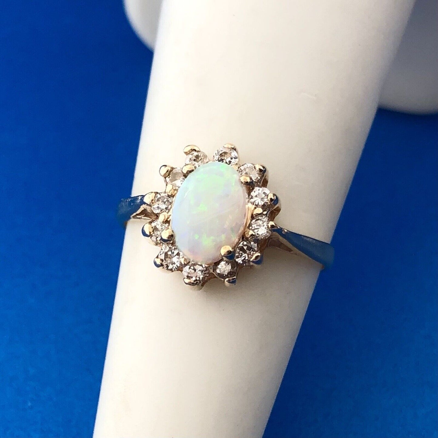Estate 14K Yellow Gold Oval Opal Diamond Halo October Anniversary Cocktail Ring