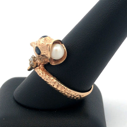 Vintage 14K Yellow Gold Diamond Pearl Blue Sapphire Fish Bypass Ring