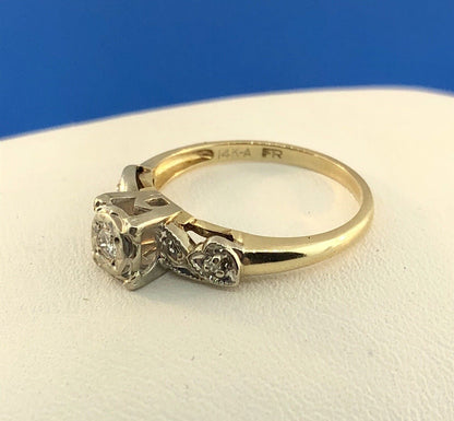 Art Deco 14K Yellow White Gold Diamond Hearts Beads Scroll Engagement Ring