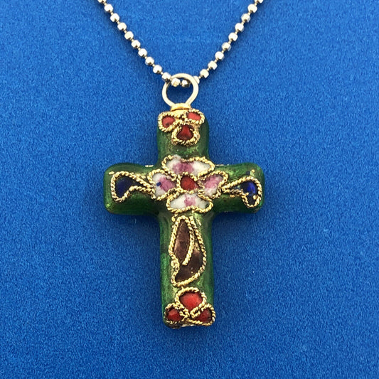 Retro 925 Sterling Silver Vermeil Enamel Cloisonne Cross Two Toned Necklace