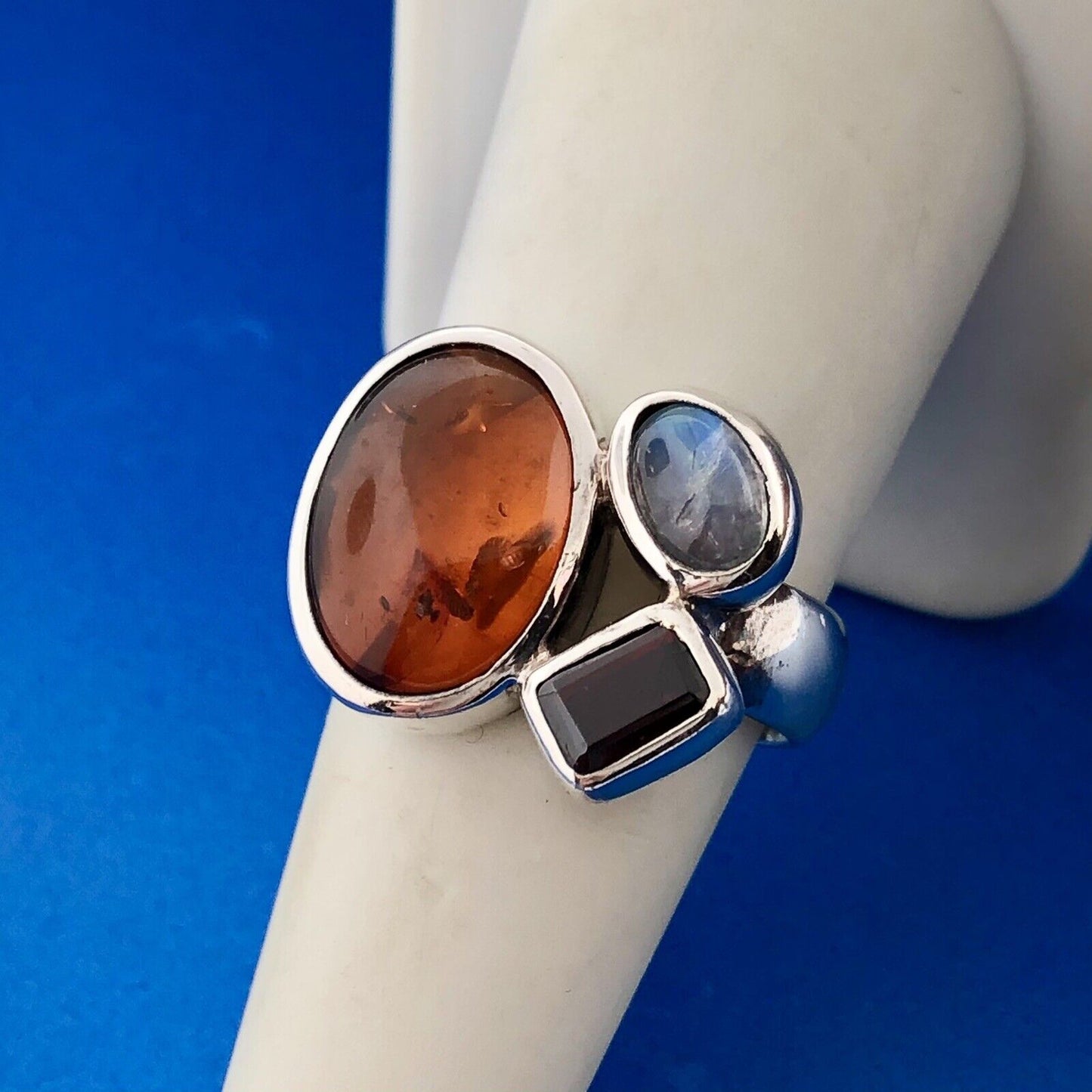 Gorgeous Modernist Sterling Silver 925 Amber Garnet Moonstone Ring Size 7.75