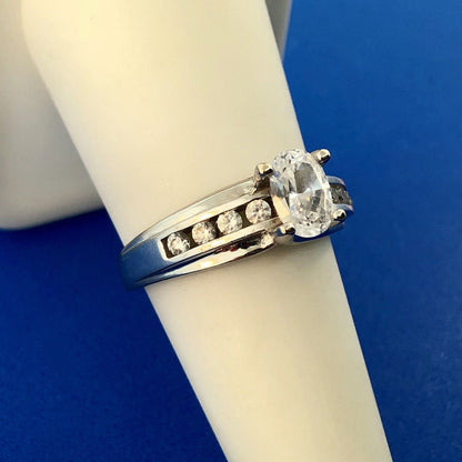 14K White Gold Diamonique Cubic Zirconia Oval Solitaire Accents Engagement Ring