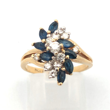 Designer 14K Yellow Gold Diamond Sapphire Wave Waterfall Cluster Cocktail Ring