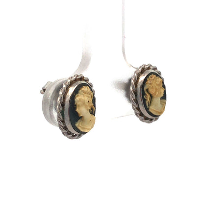 Designer CARLA 925 Sterling Silver Oval Grey Cameo Stud Earrings