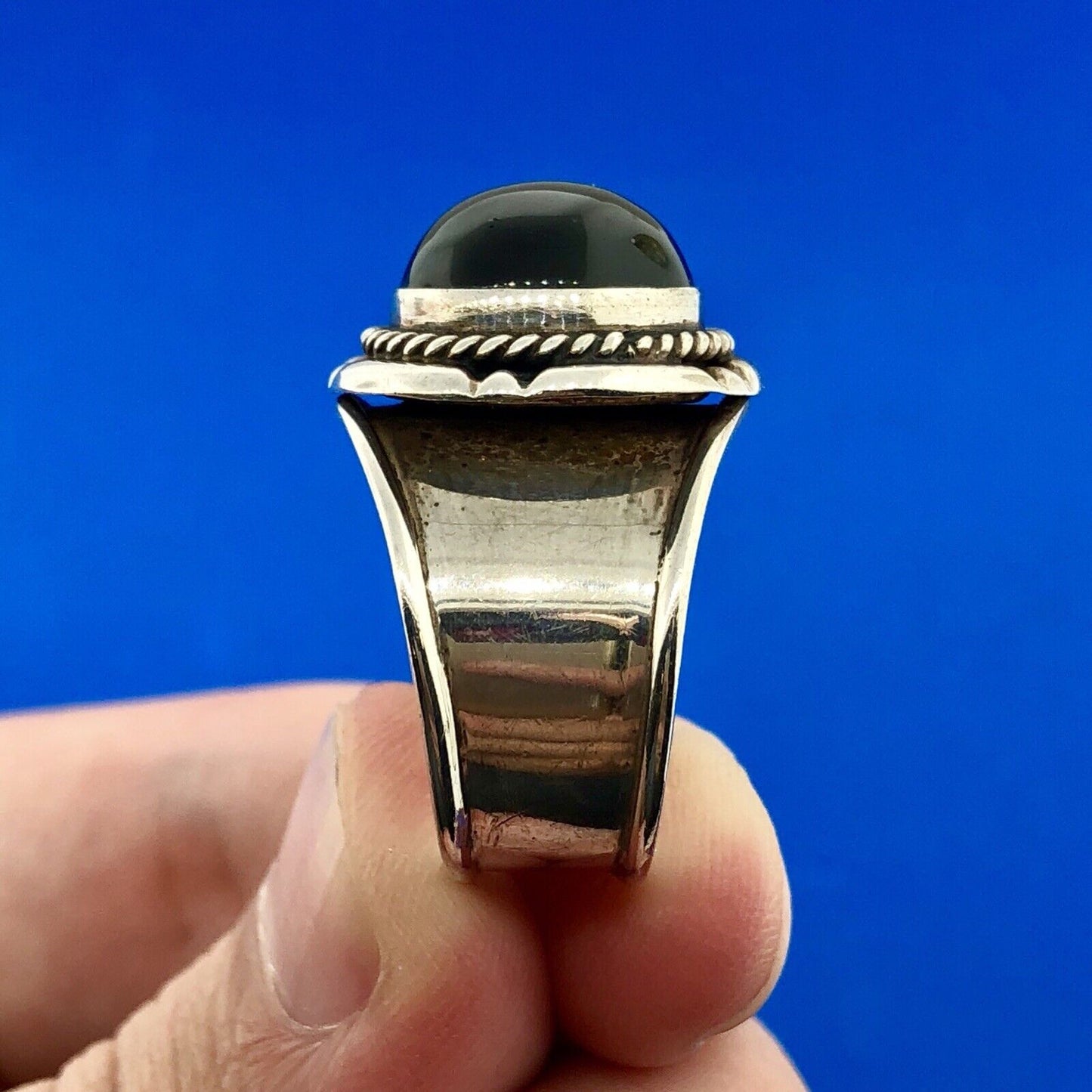 Designer Sterling Silver 925 Black Onyx Concho Style Wide Cigar Band Dome Ring