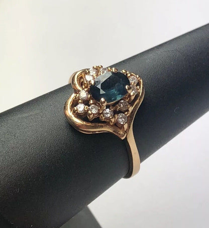 Designer 14K Yellow Gold Diamond Sapphire September Anniversary Cocktail Ring