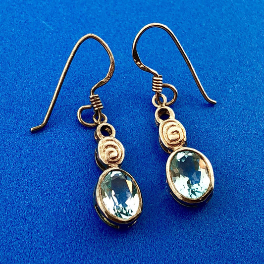 Vintage 925 Sterling Silver Oval Blue Topaz November Anniversary Dangle Earrings