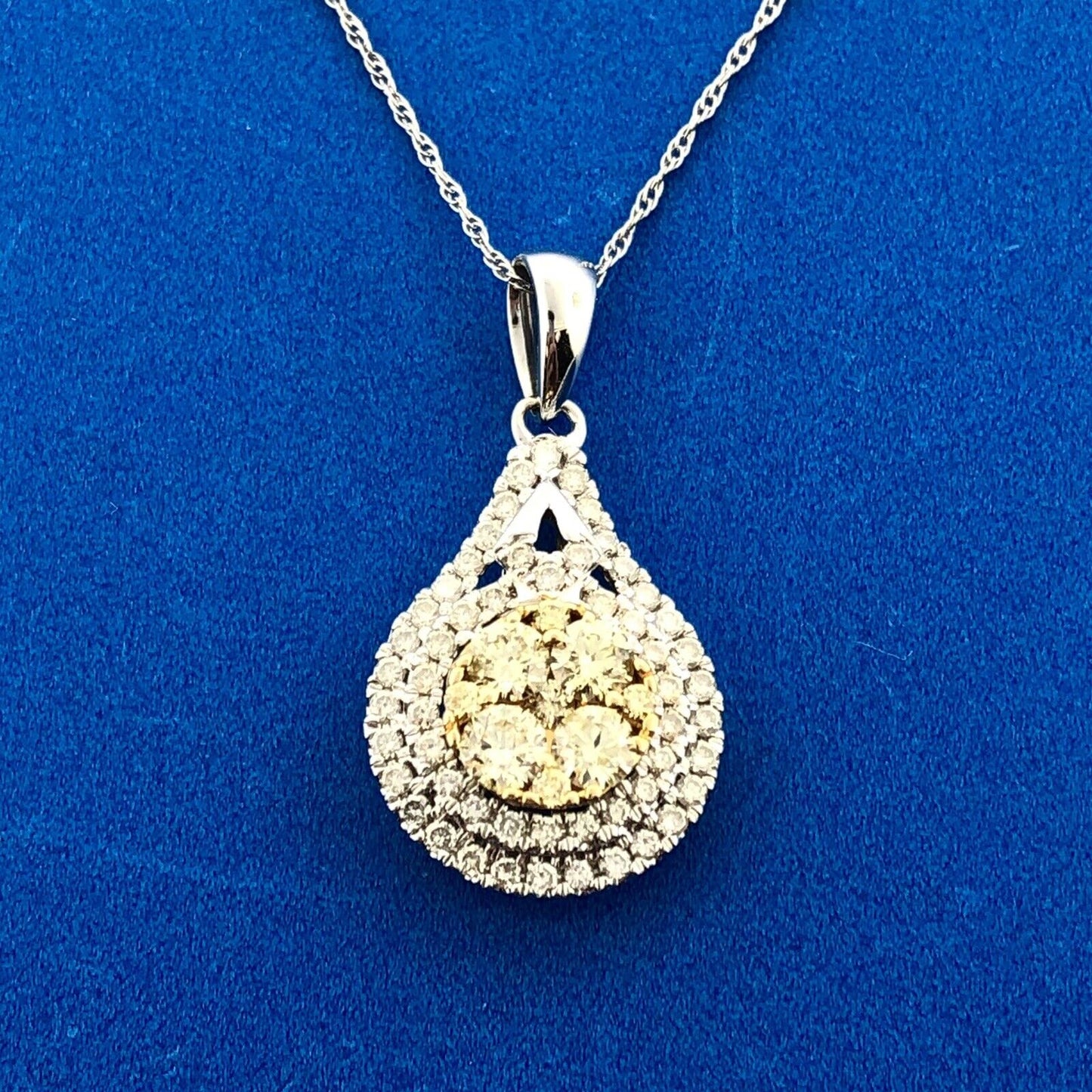 Royal 14K White Yellow Gold Canary White Diamond Double Halo Pear Pendant