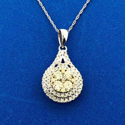 Royal 14K White Yellow Gold Canary White Diamond Double Halo Pear Pendant