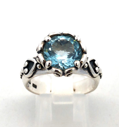 Designer 925 Sterling Silver Round Blue Topaz Solitaire Heart Scroll Ring