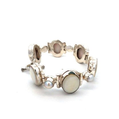 Vintage 925 Sterling Silver Oval Mother of Pearl Pearl Toggle Tennis Bracelet
