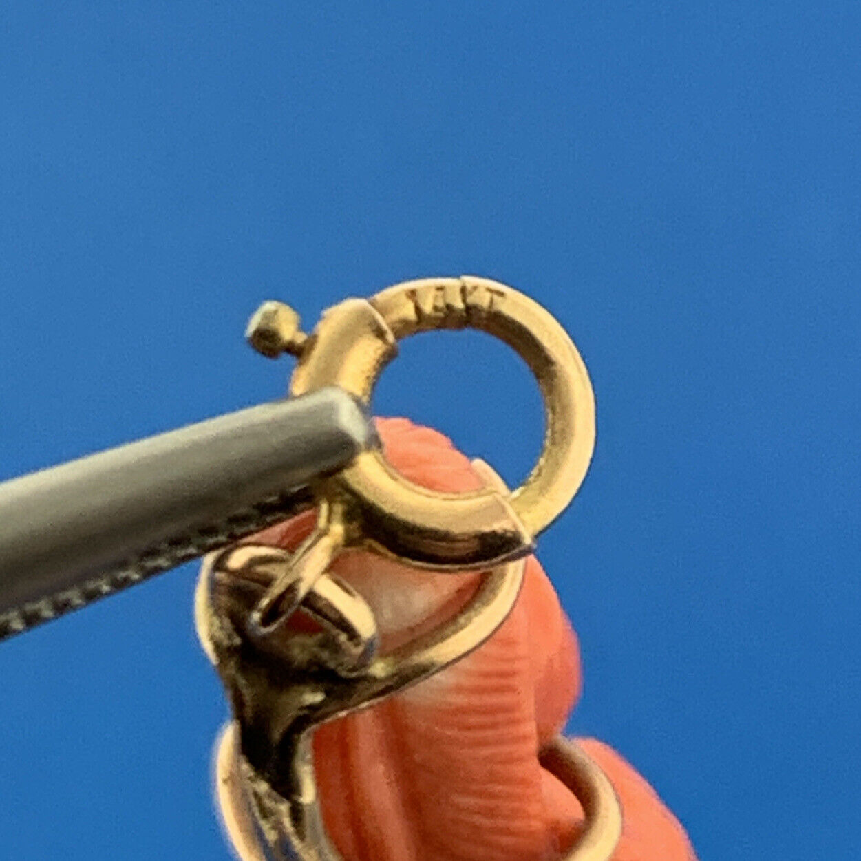 Gorgeous 14k Yellow Gold Carved Coral Chinese Eastern Wise Man Dangle Pendant