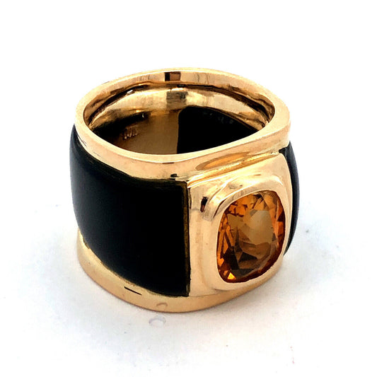 Unusual 14K Yellow Gold Oval Citrine Black Statement Cigar Band Ring