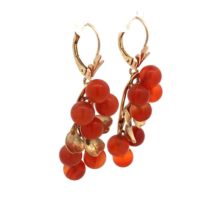 Estate 14K Yellow Gold Carnelian Bead Berry Vine Statement Dangle Drop Earrings