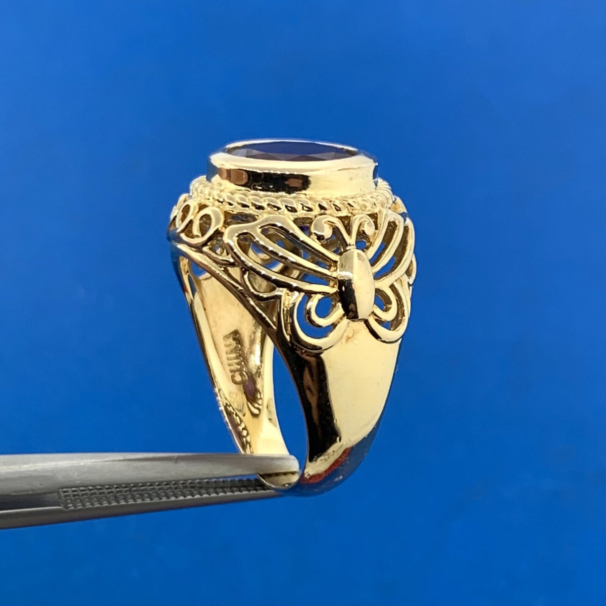 Designer 925 Sterling Silver Vermeil Round Amethyst Butterfly Scroll Ring