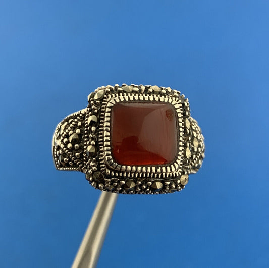 Designer 925 Sterling Silver Red Carnelian Marcasite Square Dome Ring