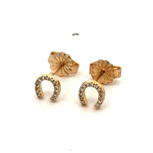 Designer 14K Yellow Gold Pave Diamond Horseshoe Good Luck Stud Earrings