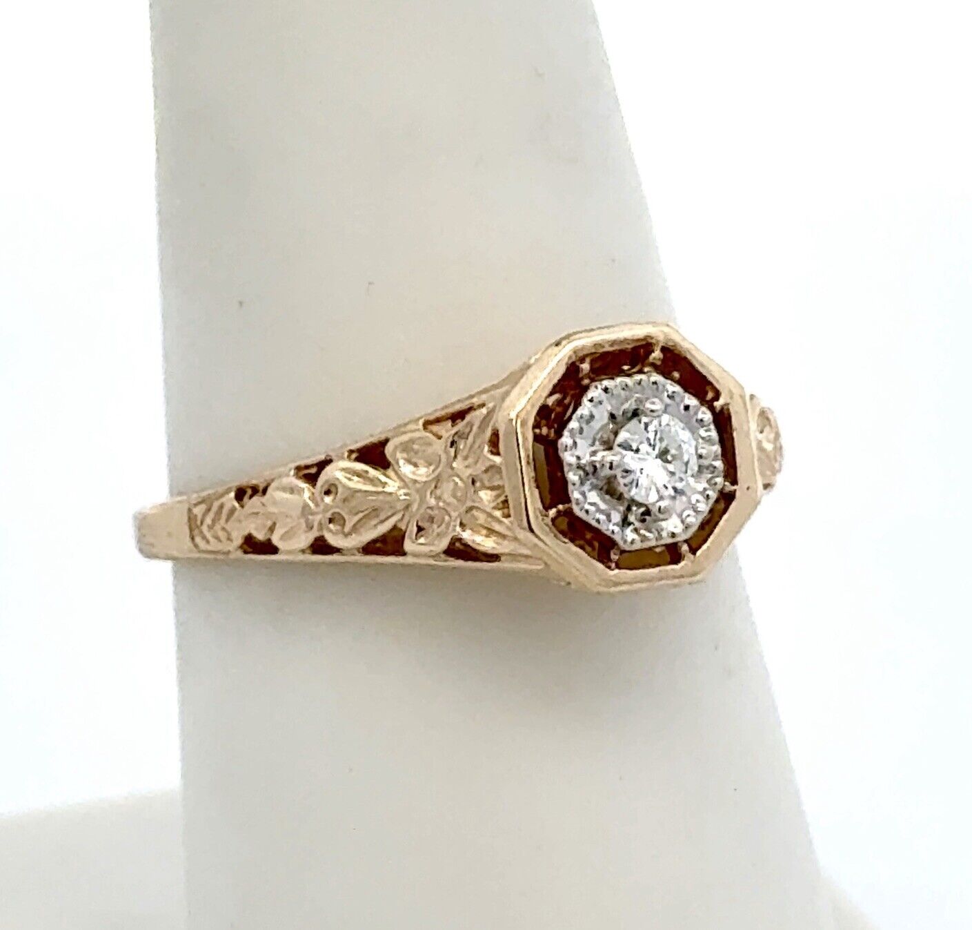 Retro 14K Yellow White Gold Diamond Solitaire Floral Filigree Engagement Ring