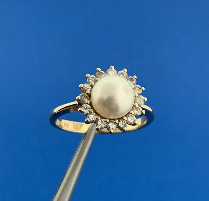 Designer 14K Yellow Gold Pearl Solitaire Diamond Halo June Anniversary Ring