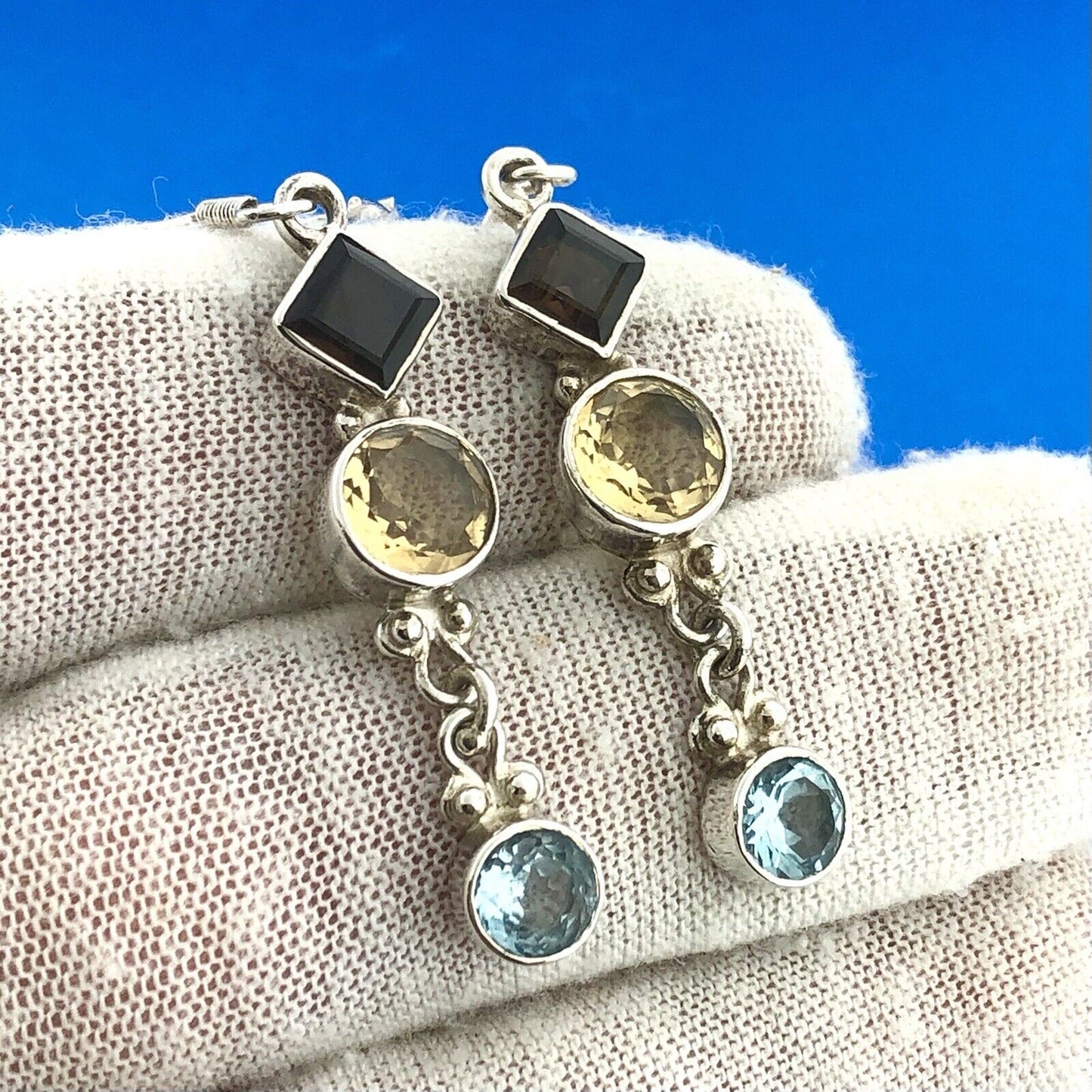 Retro 925 Sterling Silver Citrine Blue Topaz Smokey Quartz Drop Dangle Earrings