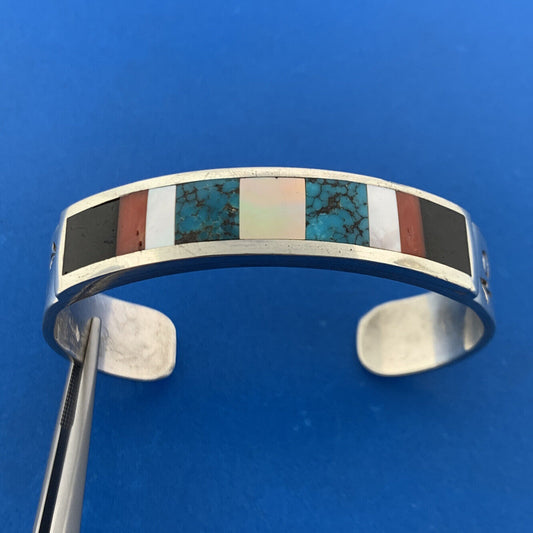 Native American 925 Sterling Silver Storyteller Mixed Gemstone Cuff Bracelet
